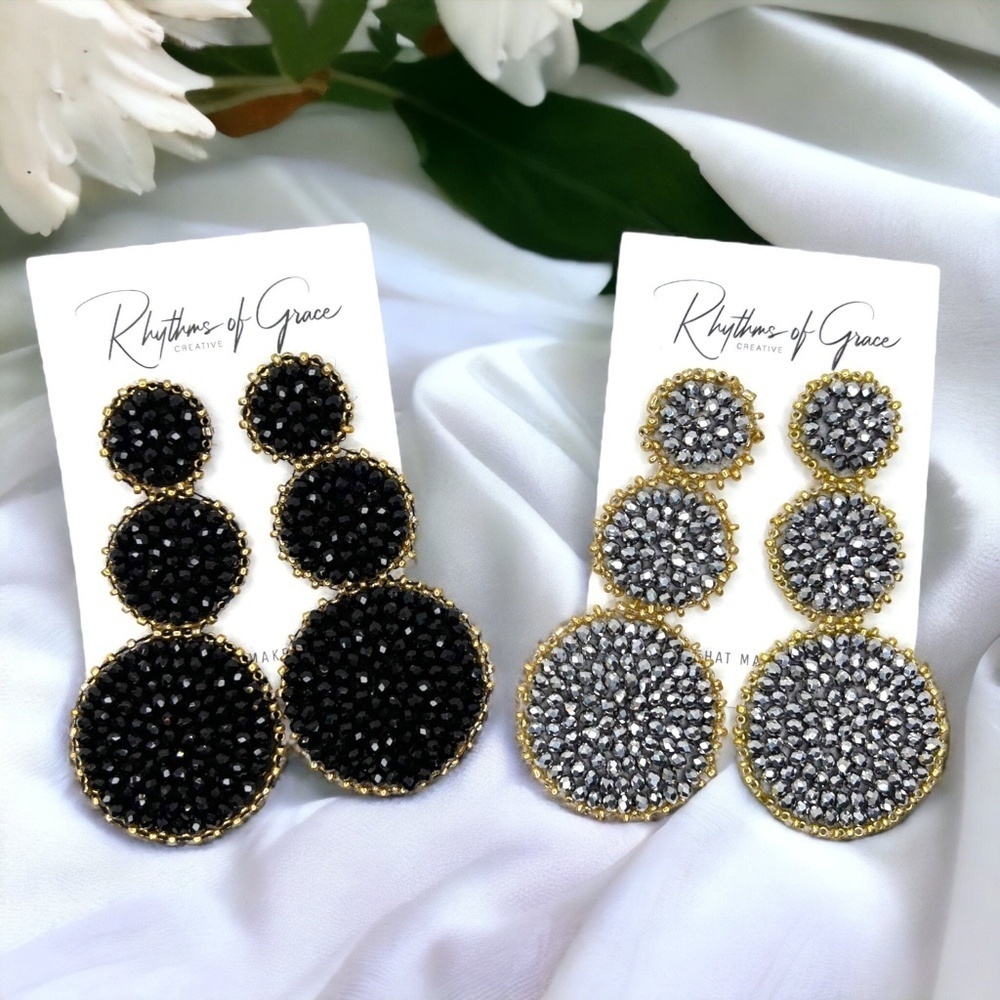 Beaded Drop Earrings | Black and Gold Earrings | Silver and Gold Earrings | NWT